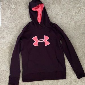 Women’s under armour size M dark purple logo hoodie with pink lined hood & logo